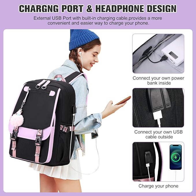 Bevalsa School Backpack for Girls, Backpack with Lunch Box & Pen Case, Bookbag for Girls Kids Elementary Middle High School Student 21L Children Schoolbag (Purple Black)