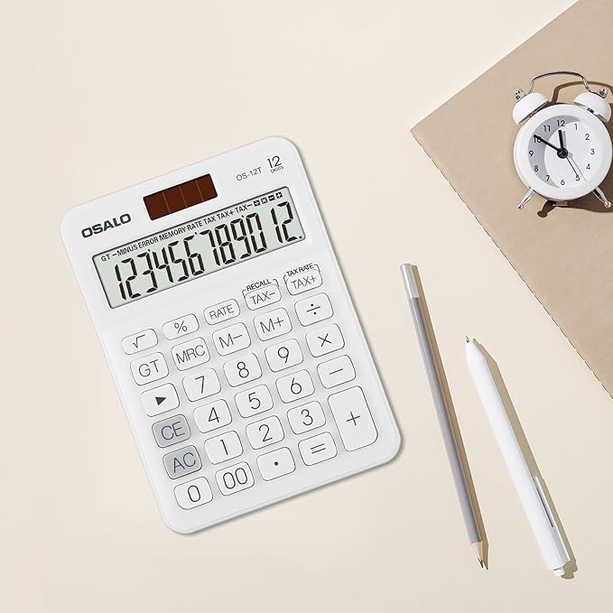 Pendancy Pocket Small Size Desk Calculator, 12 Digit Large LCD Display, Basic Tax Function Handheld Desktop Calculator with Solar Battery Dual Power, for Office, School, Business OS-12T (White)