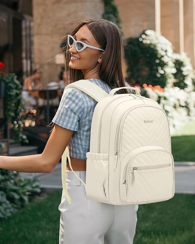 College Bookbag for Women Student, 15.6in Laptop Backpack Middle High School Bag for Teen Girls Teacher Work Commuter Travel, Beige