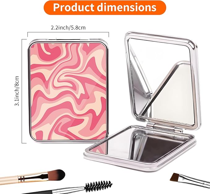 Compact Pocket Mirror, Cute Travel Mini Mirror with Magnification, Foldable Double-Sided Portable Cosmetic Mirror for Men, Women Pink Swirl Wavy