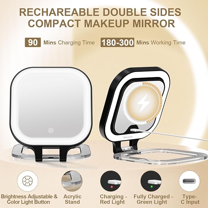 Mocado Compact Travel Makeup Mirror, 1X/30X Magnifying Mirror with Light, Double Sides Compact Mirror with 3 Color Light, Dimmable Handheld Mirror, Rechargeable Travel for Purse,Pocket(Black)