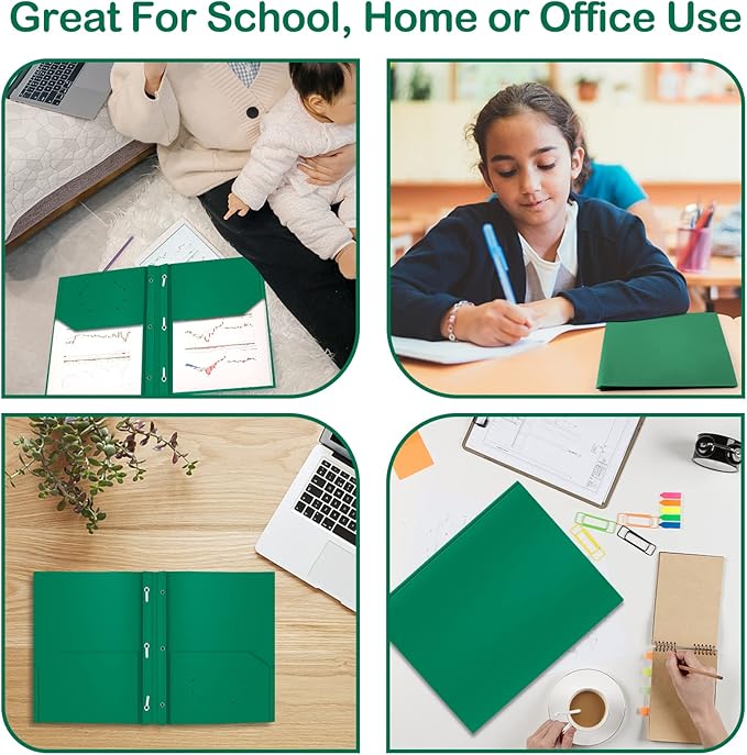 ViVin Sturdy 12-Pack Plastic Folders, Folder with Pockets and Prongs, 2 Pocket Poly File, Plastic Folders with 3-Prong Fasteners, fits 8.5 * 11 Letter Size Paper, for School/Home/Office Use (Green)