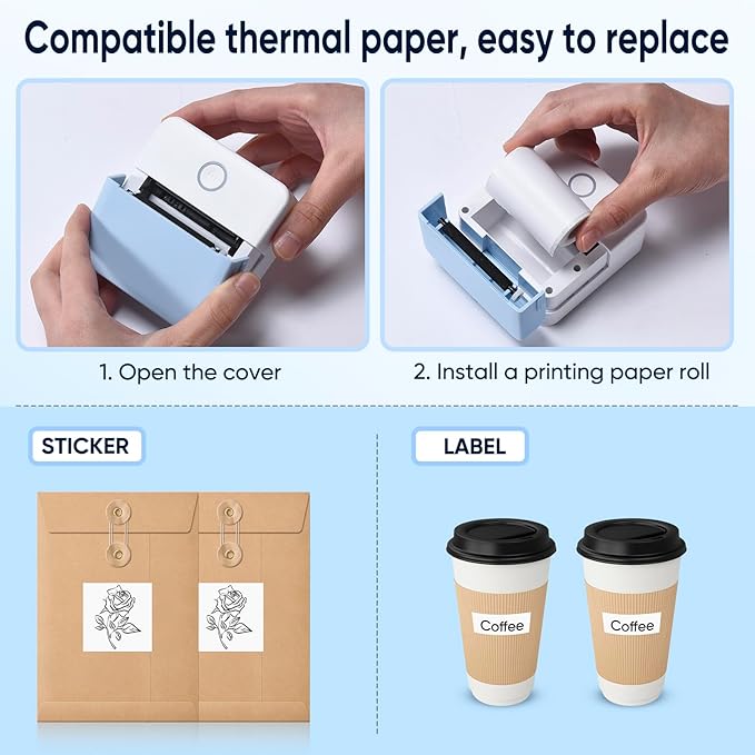 Mini Pocket Printer - Inkless Sticker Printer, Compatible with iOS + Android for Study Notes, Memo, Fun, Work, Journal