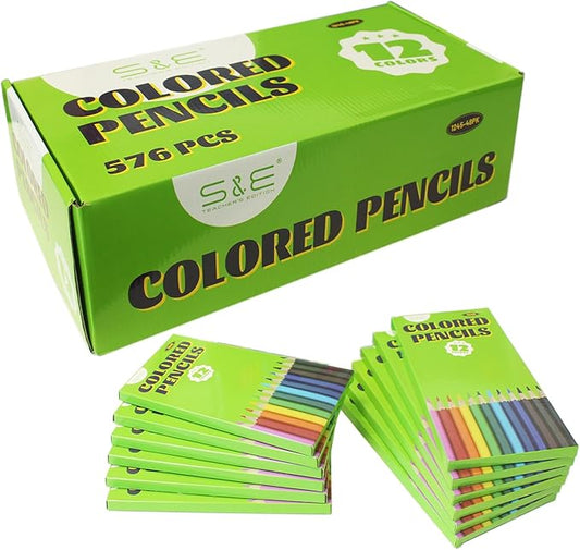 S & E TEACHER'S EDITION 576Pcs Colored Pencils, Pre-sharpened, coloring pencils for adults kids Bulk Back to School Supplies For Teachers 12 Colors, 12pcs/box, 48Boxes, Total: 576Pcs.