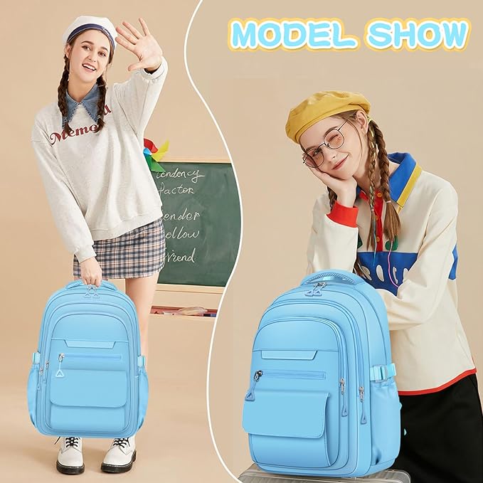 Cute Backpack for School Teen Girls Blue Bookbag Aesthetic Womens Travel Book Bags for School Kids Student Back Packs