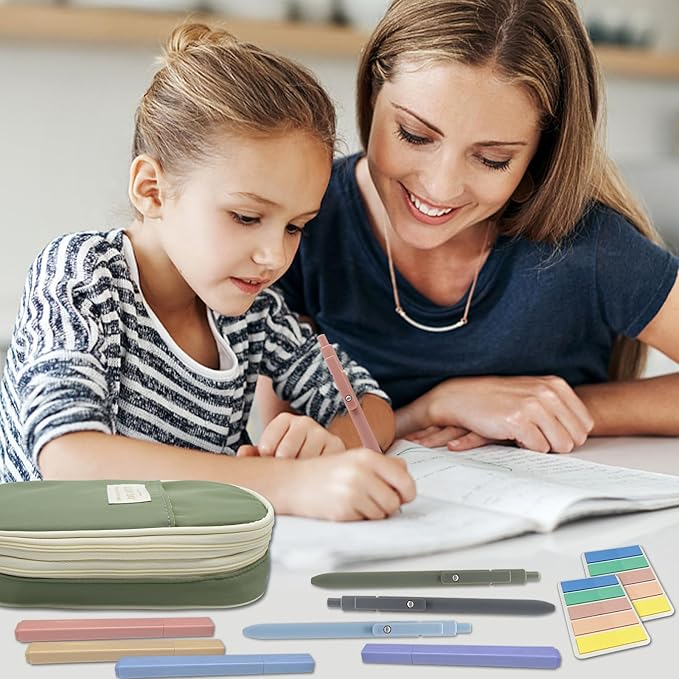 20Pcs Aesthetic Stationary Set with Big Capacity Pen Case Bag 5 Quick Dry Retractable Black Ink Pens12 Colors Chisel Tip Cute Highlighters 200 Sheets Sticky Index Tabs Aesthetic School Supplies