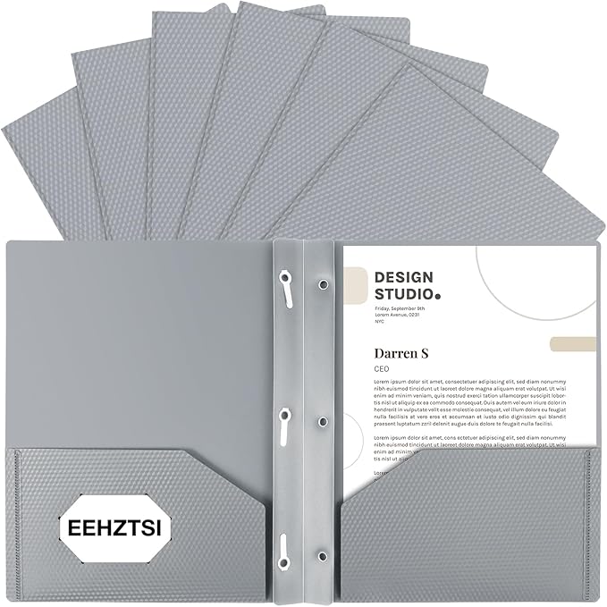 12-Pack Plastic Folders with Pockets and Prongs,2-Pocket Folders with 3 Fasteners, Poly Folders Holds 8-1/2" x 11" Paper for School/Office/Home, Silvery