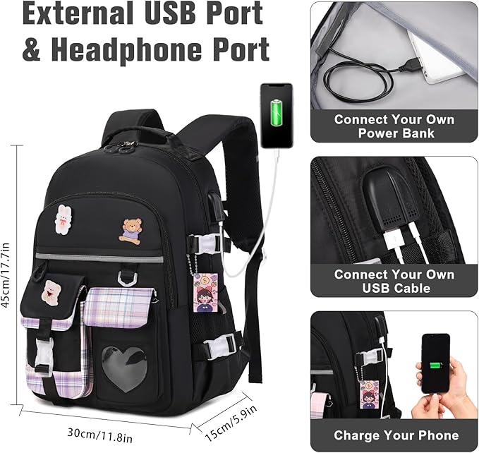 Backpack for Girls - Bookbag Backpacks Schoolbag for Girls Kids Teen Women Casual Travel Daypacks - School Bag Elementary Middle School College Cute Backpack with Lunch Box (Black Purple)