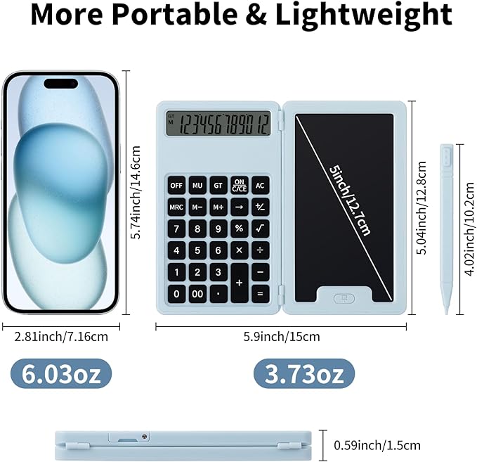 Desk Portable Basic Calculator with Notepad and Stylus, 12 Digit Large Display Multi-Function for Office, School, Home & Basic Financial (Blue)