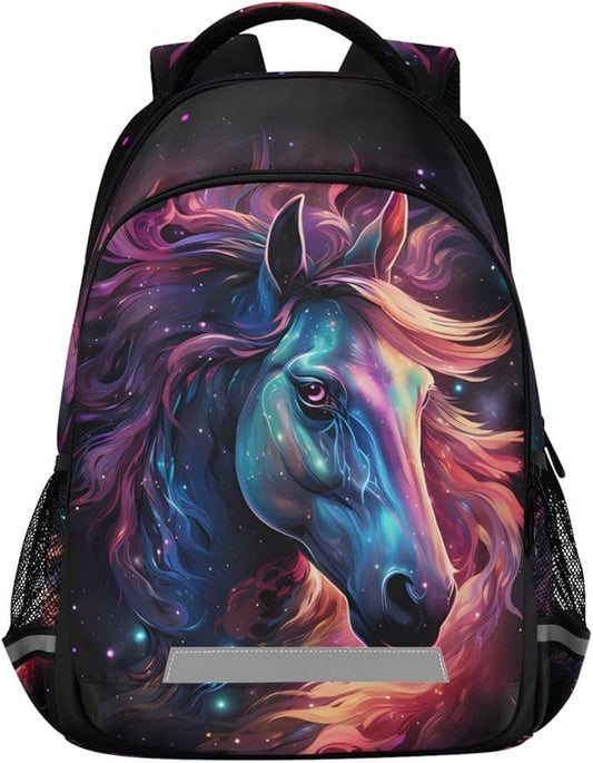 Horse Backpack for Students Boys Girls Glowing Purple Horse School Bag Travel Daypack Rucksack