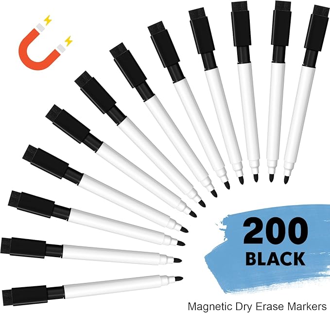 Kosiz 200 Pcs Magnetic Dry Erase Markers Fine Point Tip Whiteboard Markers with Eraser Cap Magnetic Dry Erase Pens Erasable Pens for Whiteboard Dry Boards(Black)