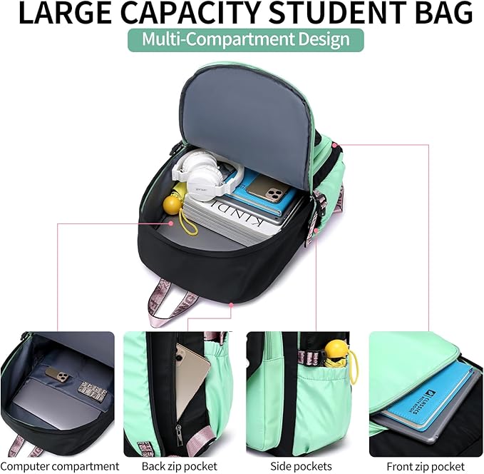 FENGDONG Teenage Girls Bookbag school Backpack Children Casual Daypack Schoolbag for Teens Green