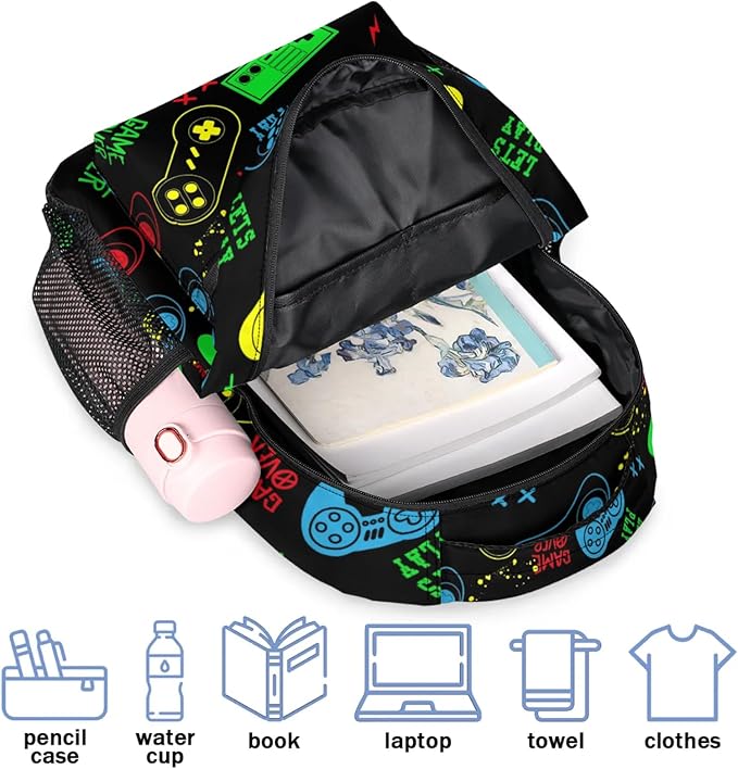 Kids Backpack for Boys Girls - School Bags for Primary Middle High School College Waterproof Casual Daypack Bookbag Lightweight Laptop Travel Backpack (Colorful Video Game)