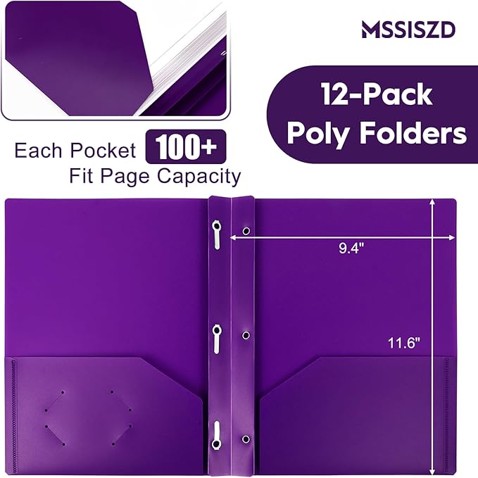 2-Pocket Folders with 3 Prongs,12-Pack Plastic Folders with Pockets and Prong Holds Letter Size Paper, Plastic Pockets Folder for School, Office and Home, Purple