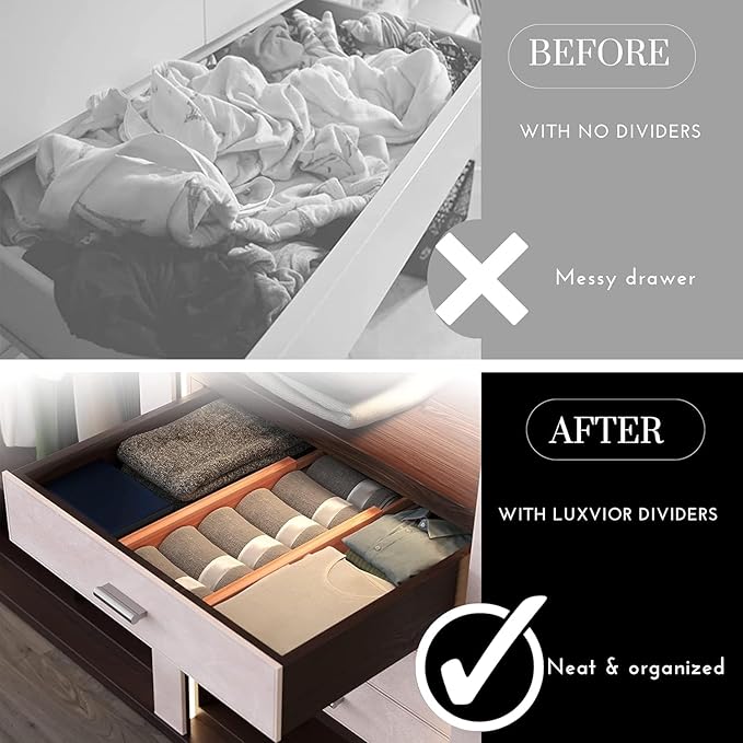 Expandable Bamboo Drawer Dividers 8 pack with labels(17"-22") Drawer Organizer for Kitchen, Clothes,Utensils,Silverware,Dresser,Office,Desk