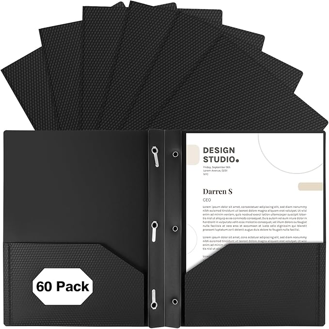 60-Pack Plastic Folders with Pockets and Prongs,2-Pocket Folders with 3 Fasteners, Poly Folders Holds 8-1/2" x 11" Paper for School/Office/Home, Black