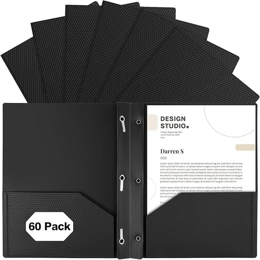 60-Pack Plastic Folders with Pockets and Prongs,2-Pocket Folders with 3 Fasteners, Poly Folders Holds 8-1/2" x 11" Paper for School/Office/Home, Black