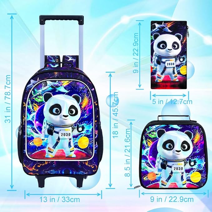3PCS Rolling Backpack for Boys, Kids Roller Bookbag with Wheels, Panda Wheeled School Backpack for Elementary Preschool Kindergarten(Black)