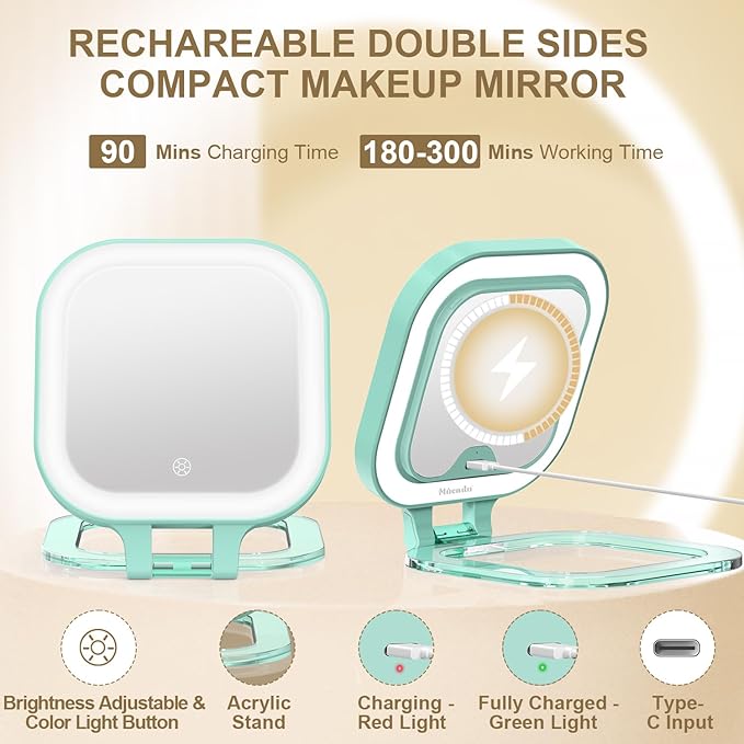 Mocado Compact Travel Makeup Mirror, 1X/30X Magnifying Mirror with Light, Double Sides Compact Mirror with 3 Color Light, Dimmable Handheld Mirror, Rechargeable Travel for Purse,Pocket(Green)
