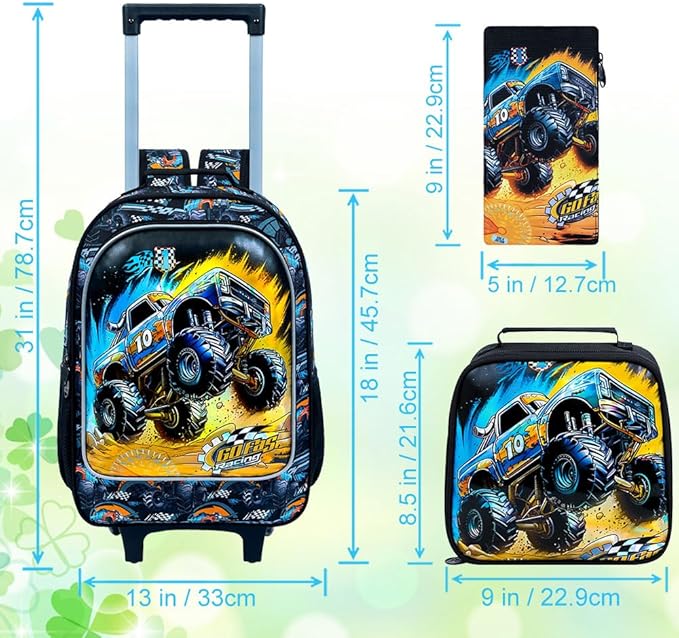 3Pcs Truck Rolling Backpack for Boys, Kids School Backpacks with Wheels, Roller Bookbag with Lunch Box for Elementary Preschool(Black)