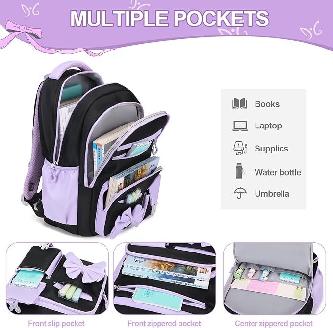 Backpack for Girls, 3PCS Girls Backpack for School with Lunch Bag Pencil Case, Cute Kids Teens Bookbag for Kindergarten Elementary Preschool Middle School (Black-Purple)
