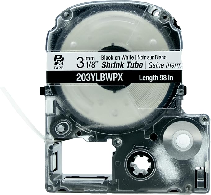 Epson LABELWORKS 203YLBWPX Genuine Tape Cartridge - Black on White Shrink Tube Industrial Label Maker Tape - AWG 16-22, 1/8" (3MM) Wide, 8 ft (98")
