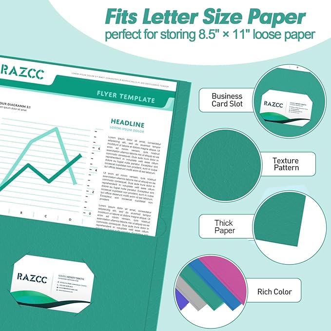 Two Pocket Folders, RAZCC 125 Pack 2 Pocket Folders Fit Letter Size Paper, Paper Folders with Pockets for School Office Business Home, Assorted 5 Colors