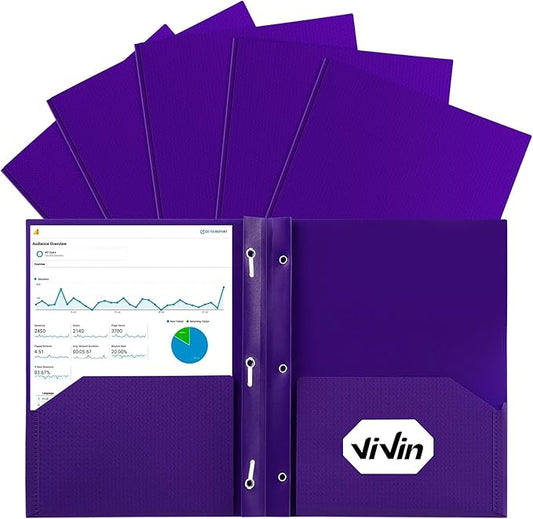 ViVin Sturdy Plastic Folder with Pockets, 10 Pack, 2 Pocket Folders with Prongs, Fits Letter Size Paper, 3 Prong Folders with Pockets, for School Office and Home - Purple