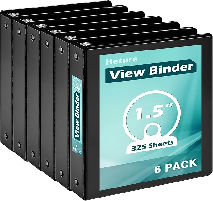 3 Ring Binder 1.5 Inch 6 Pack, 1-1/2" Clear View with Round Rings, PVC-Free,Holds for 325 Sheets 8.5X 11 US Letter Size Paper, Durable Black Perfect for Office,School and Home