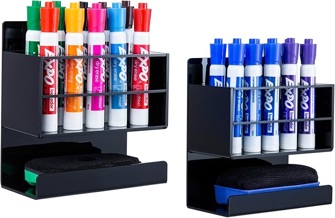 MyGift Wall Mounted Dry Erase Whiteboard Marker Holder Stand with 10 Marker Slots and Eraser Holder, Black Set of 2