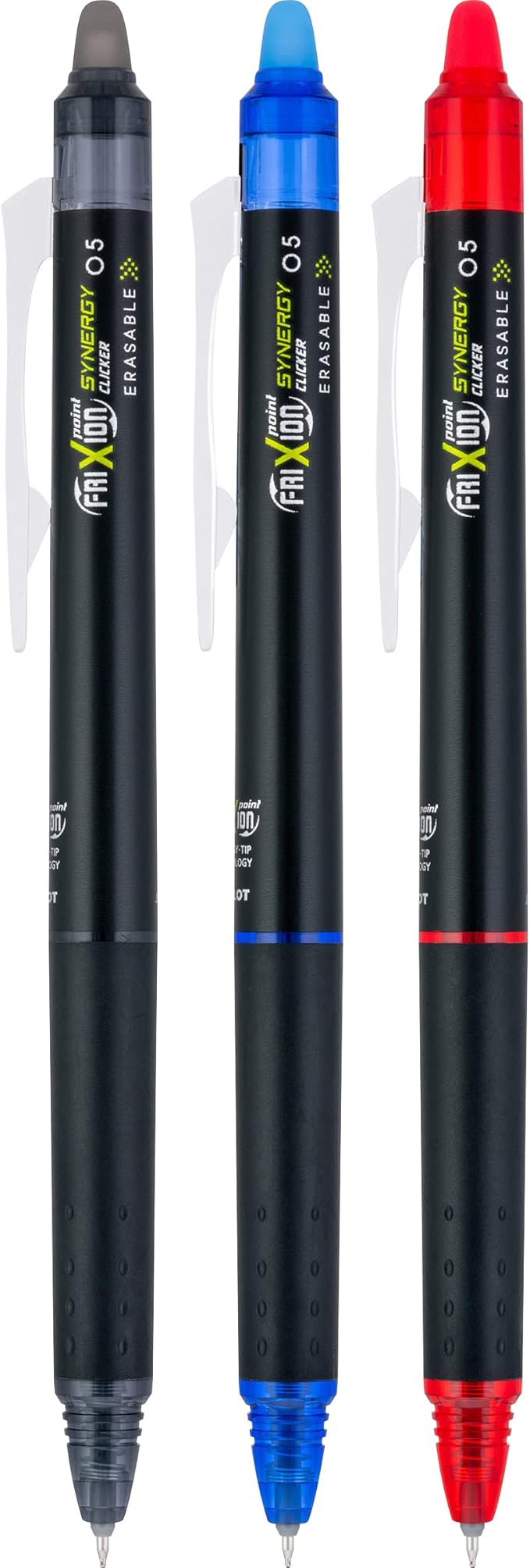 Pilot, FriXion Synergy Clicker Erasable, Refillable, Retractable Gel Ink Pens, Extra Fine Point 0.5 mm, Pack of 3, Black, Blue & Red