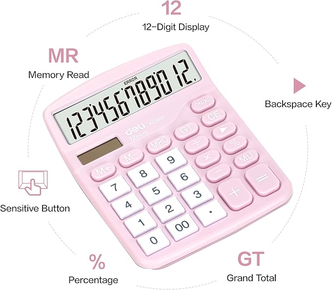 Calculator, Deli Standard Function Desktop Calculators with 12 Digit Large LCD Display and Sensitive Button, Solar Battery Dual Power Office Calculator, Pink