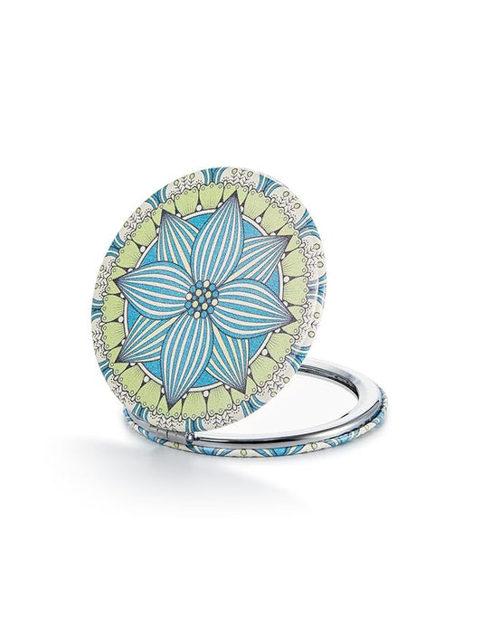 OMIRO 1X/10X Compact Magnifying Mirror, Unique Painting Pocket Mirror with Classical PU Leather (Round, Green Flower Mandala)