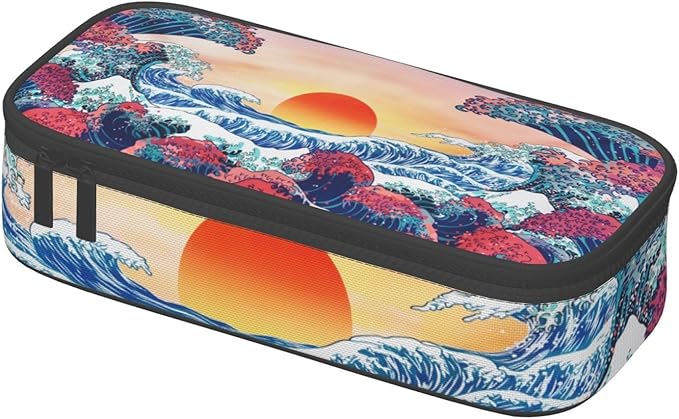 Japanese Ocean Waves Large Pencil Case With Zipper Compartments Stationery Pencil Bag For Kids Teens Students School Supplies