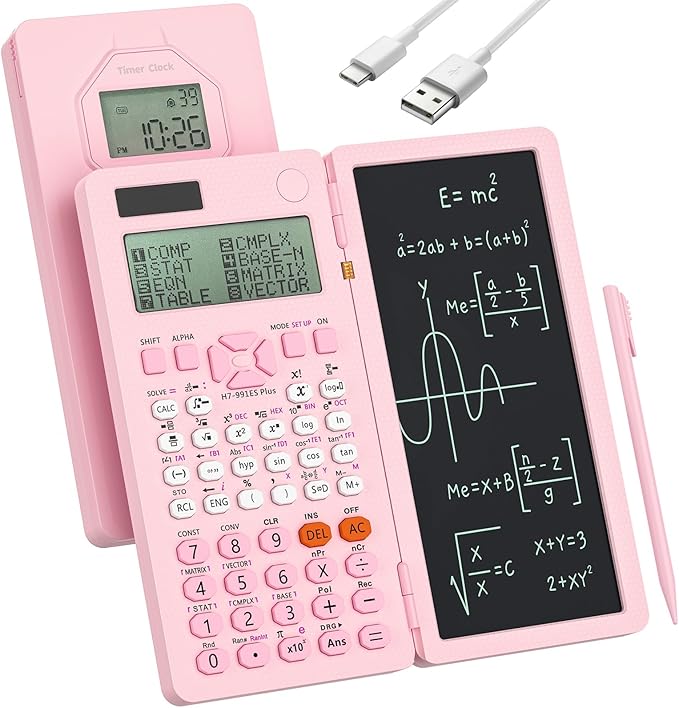 Scientific Calculators, Rudnia Pink Calculator with Alarm Clock, 417 Functions and Type-C Rechargeable, Ideal for Middle High School Students and Teachers (Pink)