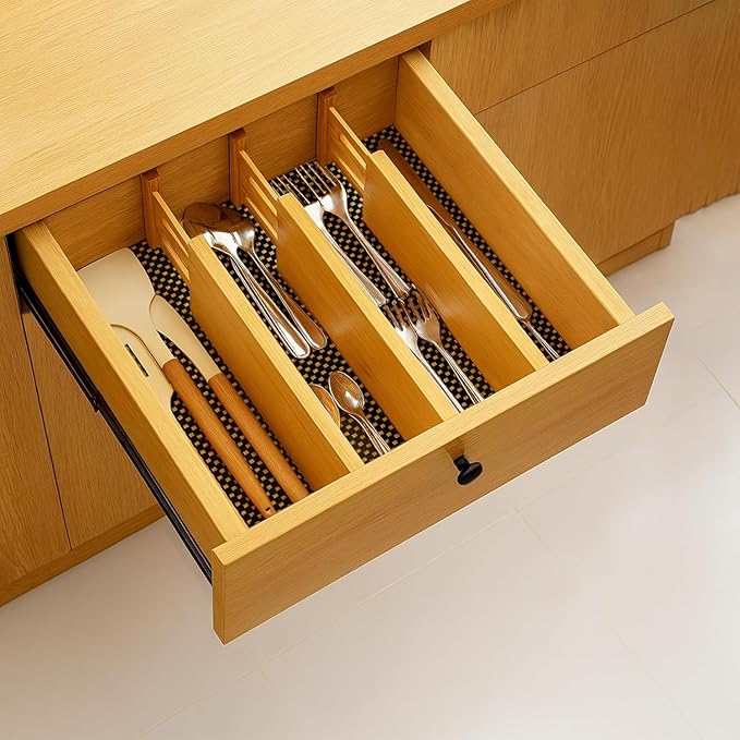 Adjustable Bamboo Drawer Dividers 6 Pack, Expandable Drawer Organizer for Kitchen, Bedroom, Bathroom, Dresser and Office, Each Divider Expands from 12" to 17.5" with – Free Mat Included in Package.