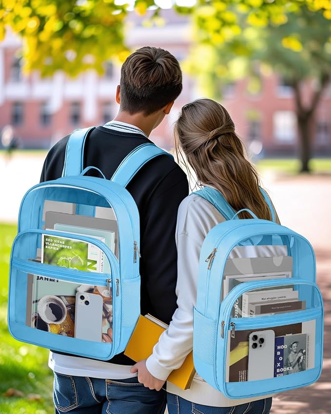 Clear Backpack, Heavy Duty Transparent Bookbag for School, Fabric & PVC Transparent Backpack with Reinforced Strap for Women Men, Capacity Clear Bag for College, Sky Blue