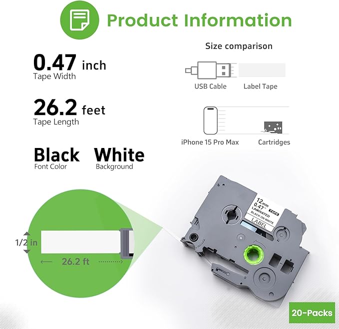 20PK Ptouch Tape 12mm 0.47 Laminated White, Fade Resistant& Waterproof, School/Home/Office/Business Use, Outdoor Label Refills for PT-D220 D210 H110 D200 D400 1280 D610BT