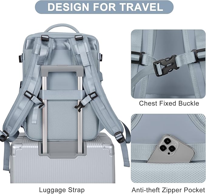 Large Travel Backpack For Women Men Airline Approved Carry On Backpack Flight Approved Waterproof Sports Luggage Backpack Casual Daypack Hiking Backpack Grey Blue