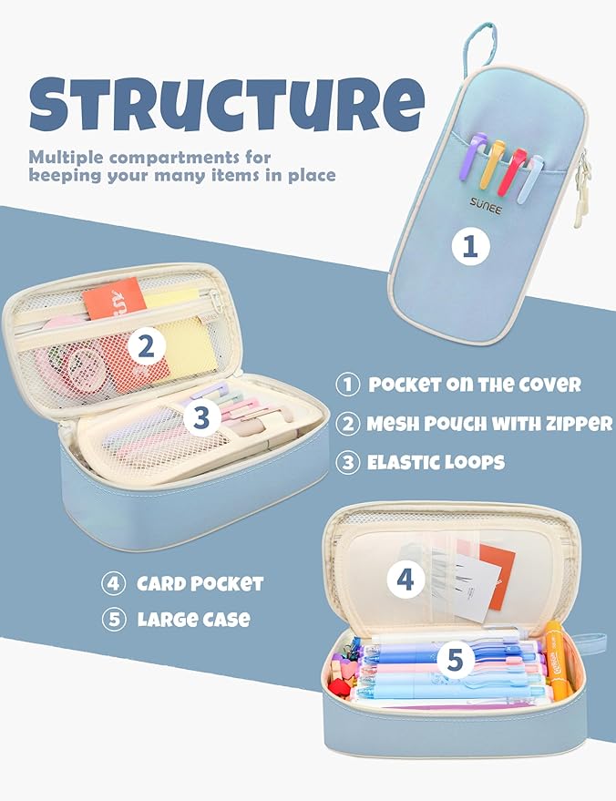 SUNEE Large Pencil Case, Cute Pen Pouch, Aesthetic Zipper Stationery Bag Large Capacity Kawaii Pen Organizer, Blue, Bag Organiser