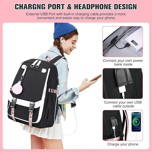 Bevalsa School Backpack for Girls, Backpack with Lunch Box & Pen Case, Bookbag for Girls Kids Elementary Middle High School Student 21L Children Schoolbag