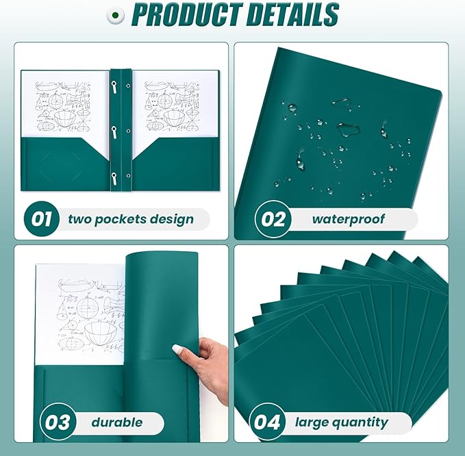 Lincia 100 Pcs Plastic Folders with Pockets and Prong Folders with Prongs 2 Pockets for Office, School for Students, Teachers, Office Workers(Dark Green)