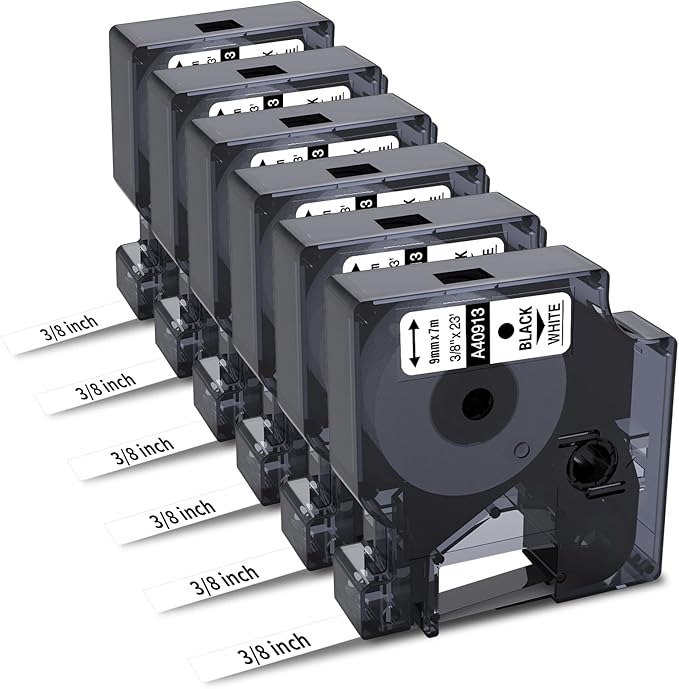 6-Pack Compatible Dymo 41913 (40913) 3/8 Inch D1 Label Tape Black on White 9mm Refills S0720680 for DYMO LabelManager 160 280 360D Label Maker COLORPOP, 23Ft