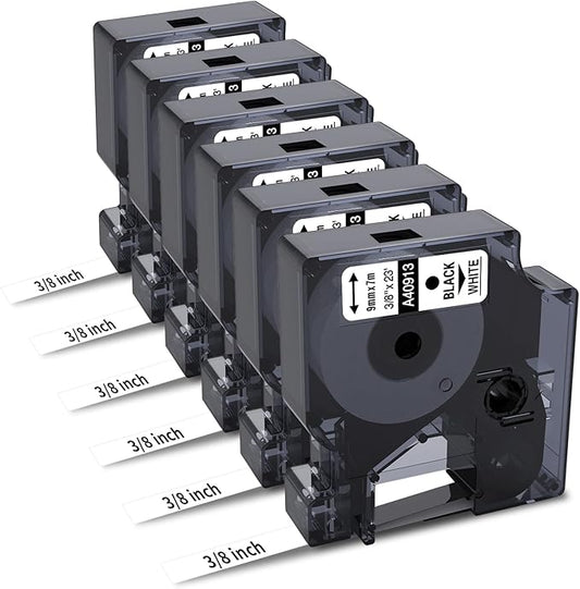 6-Pack Compatible Dymo 41913 (40913) 3/8 Inch D1 Label Tape Black on White 9mm Refills S0720680 for DYMO LabelManager 160 280 360D Label Maker COLORPOP, 23Ft