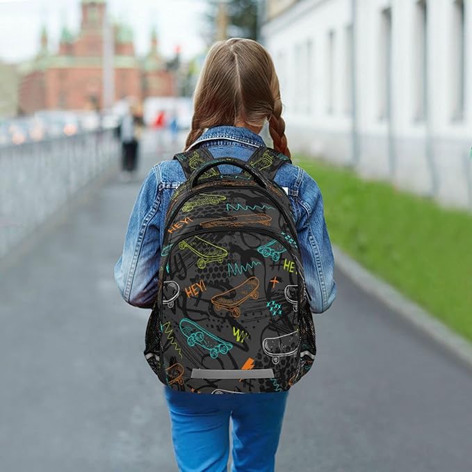 Cool Skateboards Pattern Backpack for Girls Kids Boys School Bookbags,Student Laptop Backpack Carrying Bag Casual Lightweight Travel Sports Day Packs