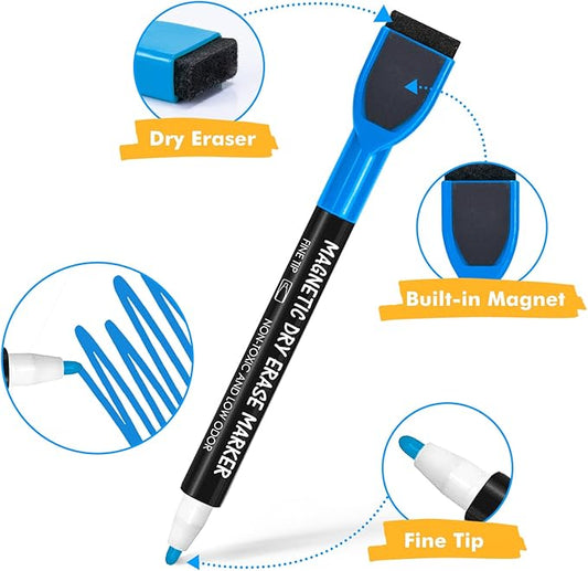 maxtek Dry Erase Markers - 6 Count Colorful Magnetic Dry Erase Markers Fine Tip with Eraser, Low Odor Whiteboard Markers for Calendar Boards