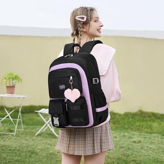 3PCS Girls Backpack For College Middle High School Student Teens Women Bookbag Waterproof Laptop Bag Black Purple