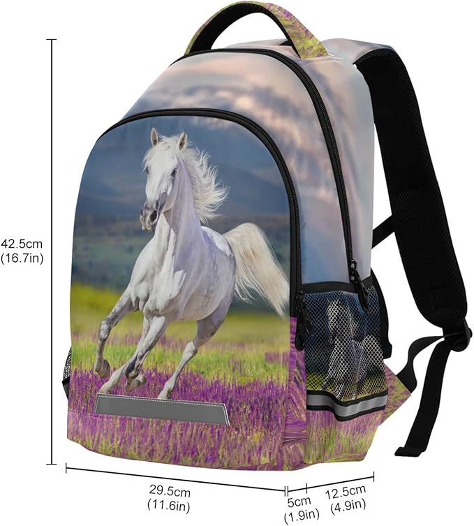 Horse Kids Backpack Bookbag Lavender Flower Elementary School Bag for Boys Girls Travel Rucksack