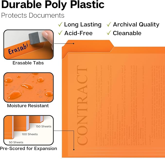 Dunwell Plastic Colored File Folders (6 Pack), 1/3 Tab File Folders for 8.5x11 Letter Size Documents, Assorted Pastel Colors, Acid-Free Poly for Long Term Storage, Includes Labels