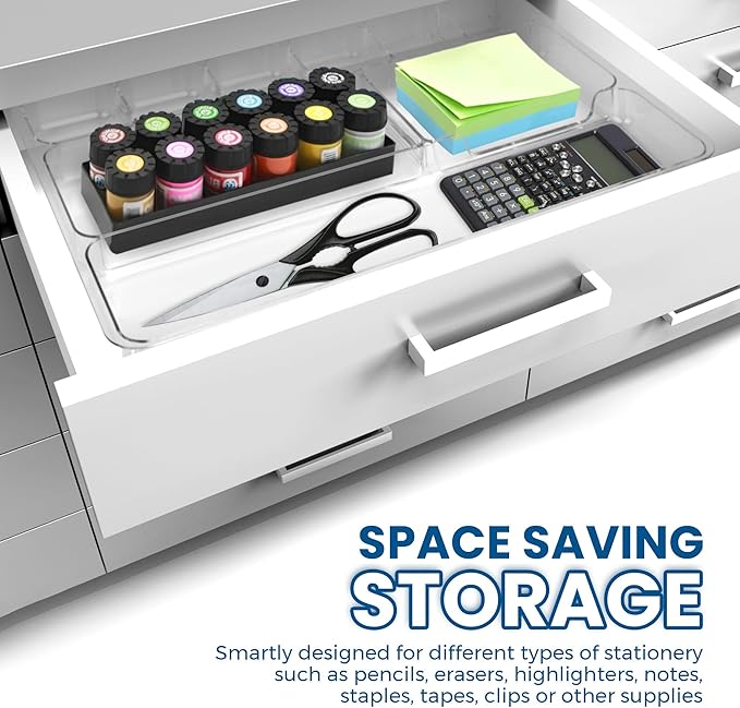 Manaloom Desk Drawer Organizer Tray with 9 Storage Compartments - For Home and Office - Drawer Organizers Office, Perfect Organizing Pens, Pencils, Paper Clips, Sticky Notes - Clear - 2 Pack